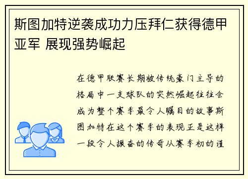 斯图加特逆袭成功力压拜仁获得德甲亚军 展现强势崛起